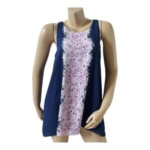 Max Studio Womens Medium Blue Pink Floral Keyhole Back Boho Tank Top Lined
